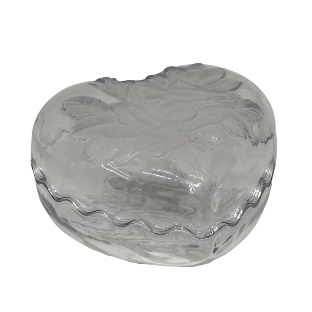 VTG Heart Trinket Box Clear Glass Frosted Rose Embossed Scalloped Edge Jewelry